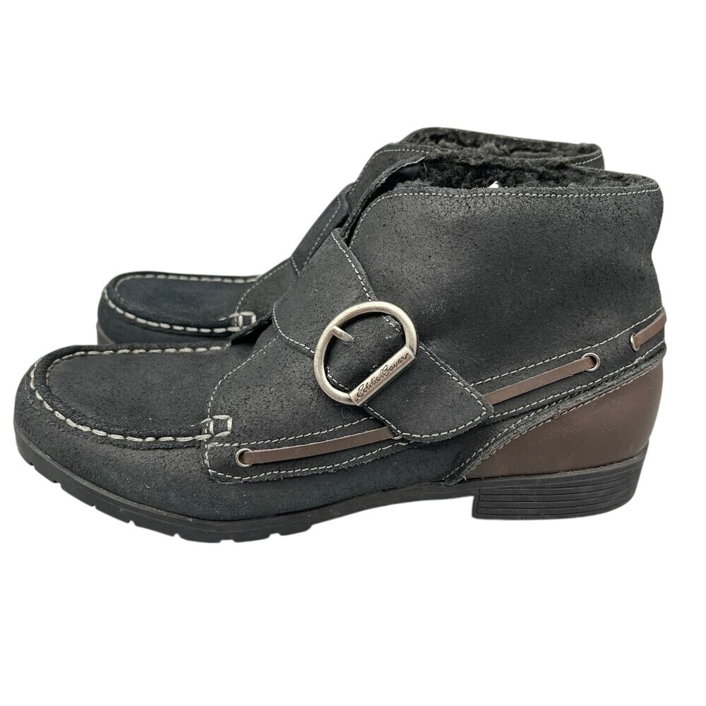Eddie Bauer Boots Womens 8 Leather Moccasin‎ Slip-On Buckle Sherpa Lined Bootie
